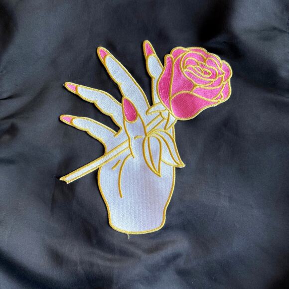 Big Bud Press Stem to Stem Embroidered Roses Poly Satin Black Bomber Jacket M - Picture 6 of 13